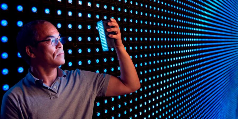 Shuji Nakamura, one of the inventors, holding a box of blue lights emitting diodes