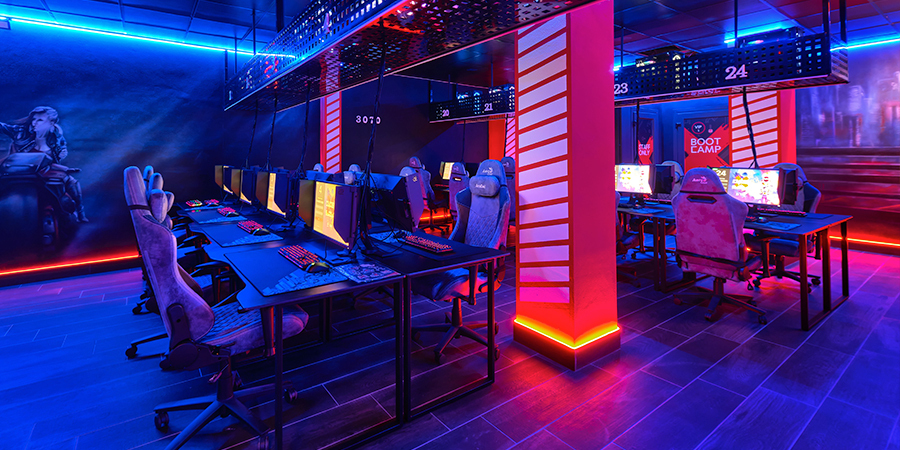 esports arena illuminated with red and blue RGB LED strips.