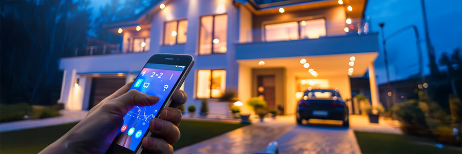 Man's hand holding his cell phone while using his smart home lighting automation app to turn on the lights in his house.