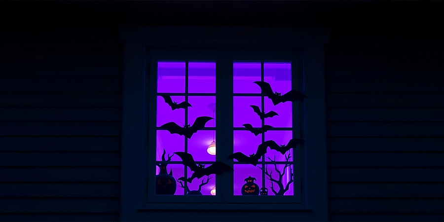 Spooky window decorations with bat and pumpkin silhouettes and UV backlighting.