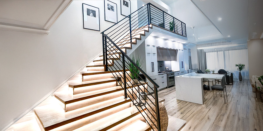 Elegant stairs illuminated with white LED strips