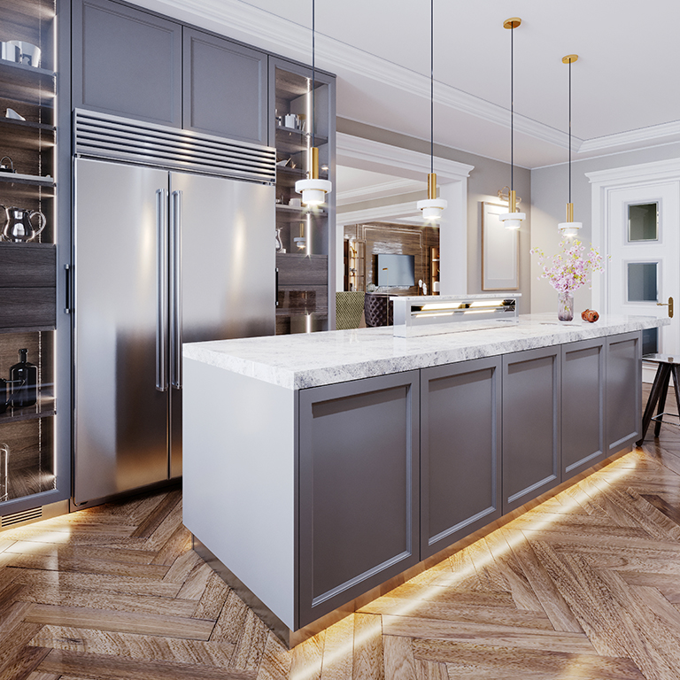 Modern, elegant and minimalist kitchen with lighting design on the island toekick