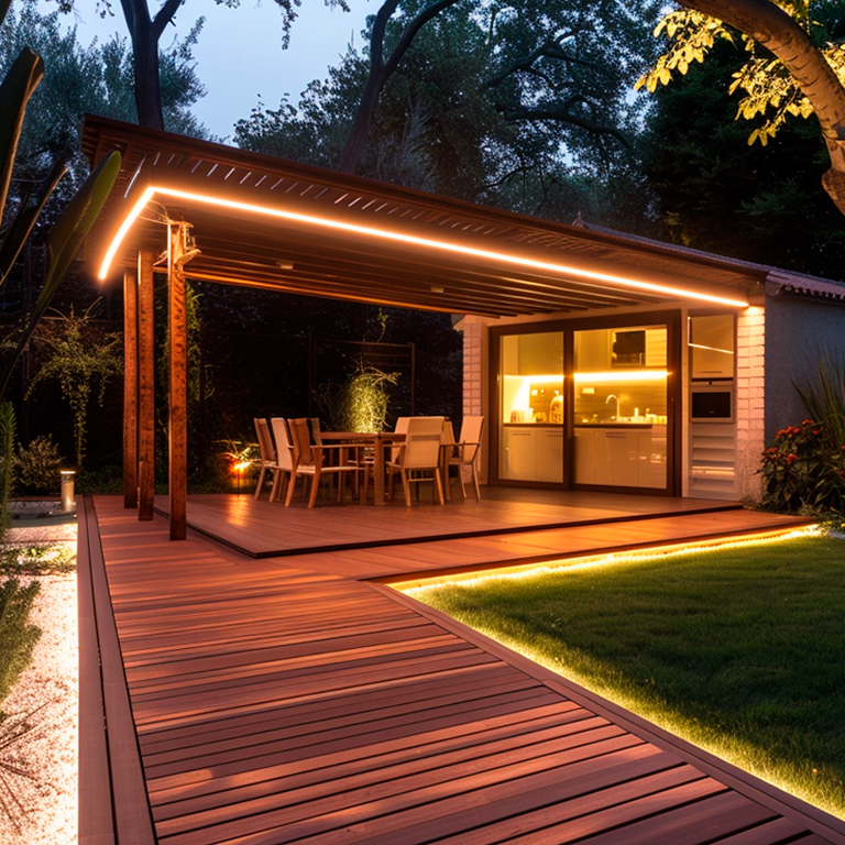 modern outdoor living space with a wooden deck, dining table, and chairs, illuminated by warm LED lights.