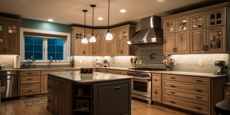 Remodeled and elegant traditional kitchen illuminated with task lights under the cabinets