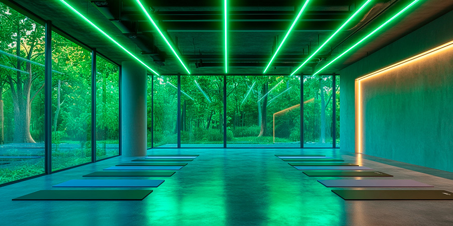 Relaxing spa and yoga room illuminated with soft, ambient LED lighting