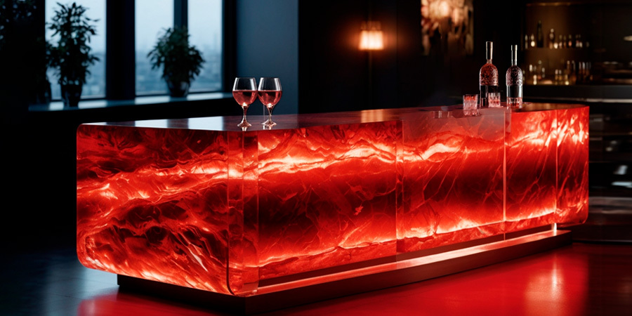 Translucent stone bar counter illuminated from behind with red LED light sheets