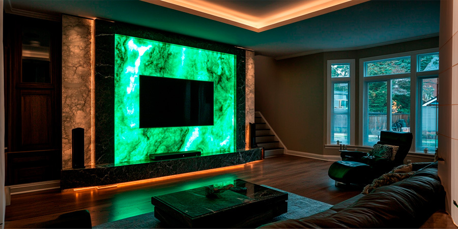 Translucent stone wall backlit with green light sheets