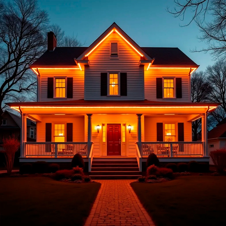  A charming two-story house illuminated by warm orange LED lights outlining the roof and porch, creating an inviting and festive ambiance at dusk.