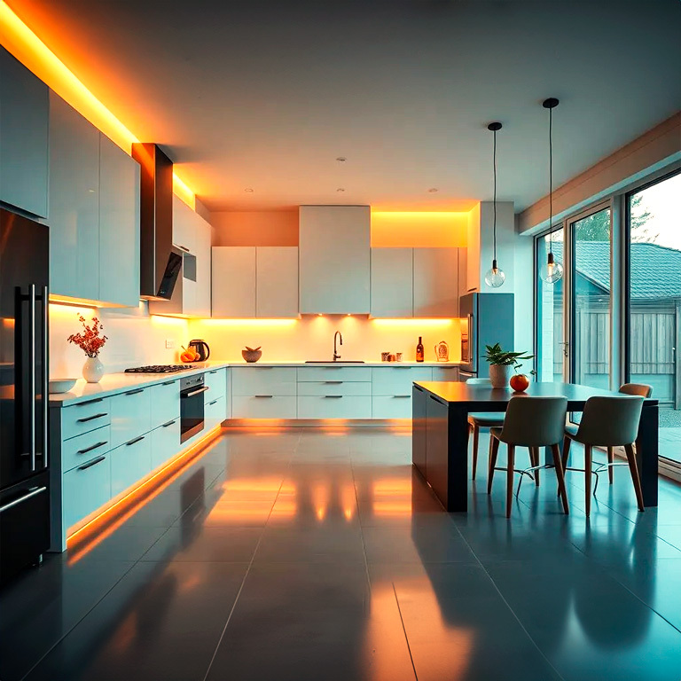 Kitchen illuminated with yellow LED strips