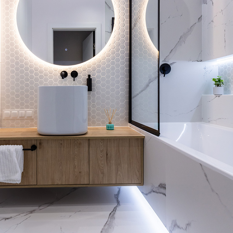 LED lighting enhancing visibility in a wet location bathroom